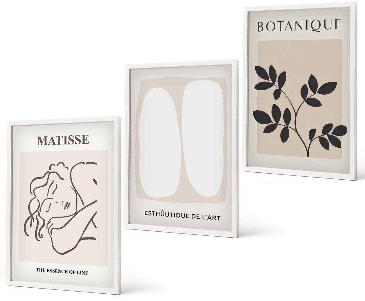 Coloray 3-Delige Schilderij Set - Stijlvolle Minimalistische Schilderijen Met Plantmotieven Van Matisse - 40 x 60 - Schilderijen Set - Wanddecoratie - Woonkamer - Decoratieve Schilderijen