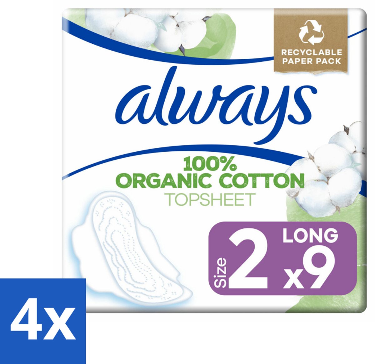 4 x Always - Maandverband - Long - Cotton Protection - Met Vleugels - 9 Maandverband - Maandverband - Maandverband Katoen - Always Cotton Protection - Maandverband Ultra Lang - Maandverband Met Vleugels