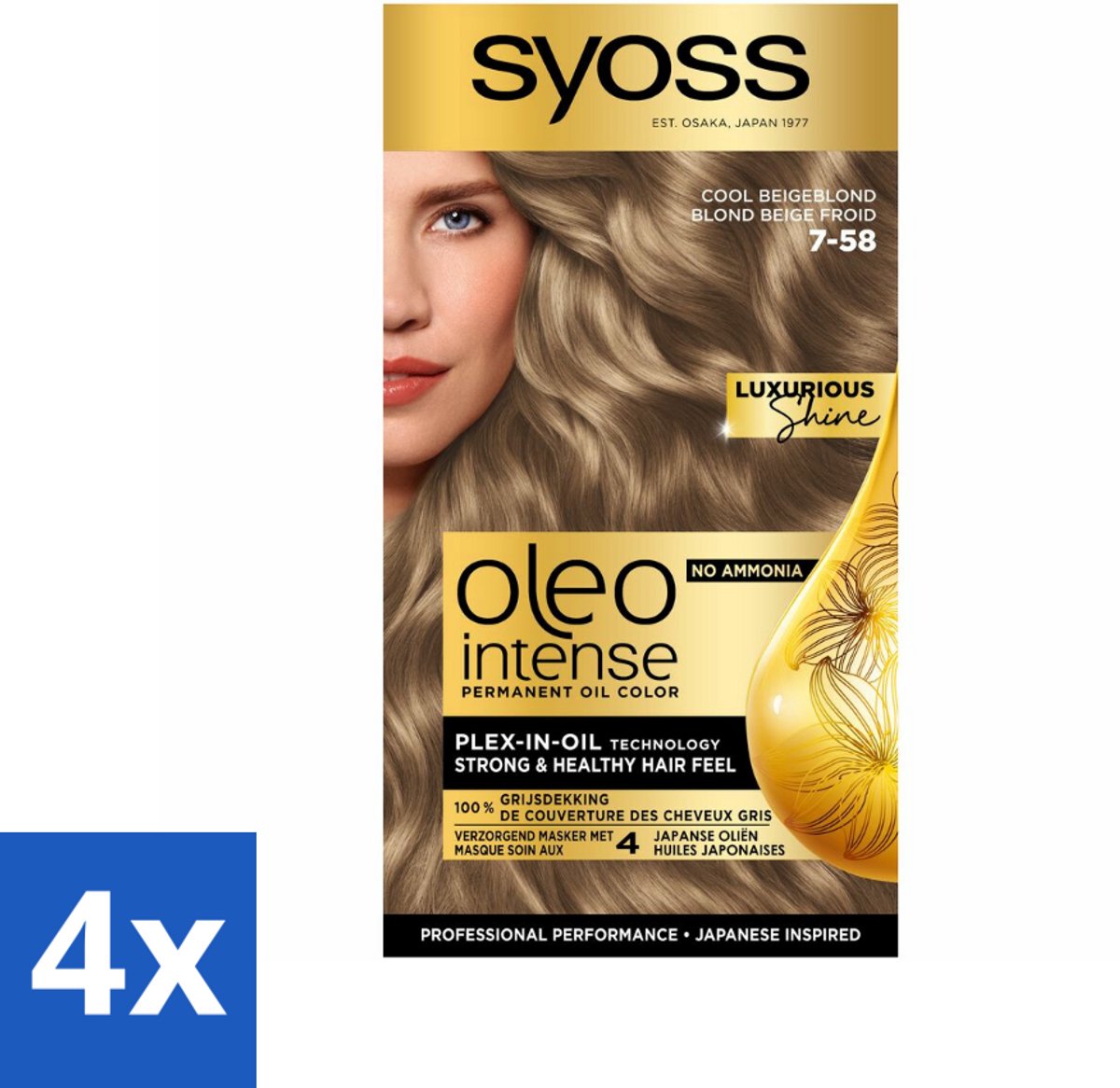 4 x SYOSS - Oleo Intense 7-58 Cool Beige Blond - Haarverf - Zonder Ammoniak - Grijsdekking - Langdurige Kleur - Permanente Haarkleuring - Haarkleur - Olie-formule - Ammoniakvrij - Grijsdekking