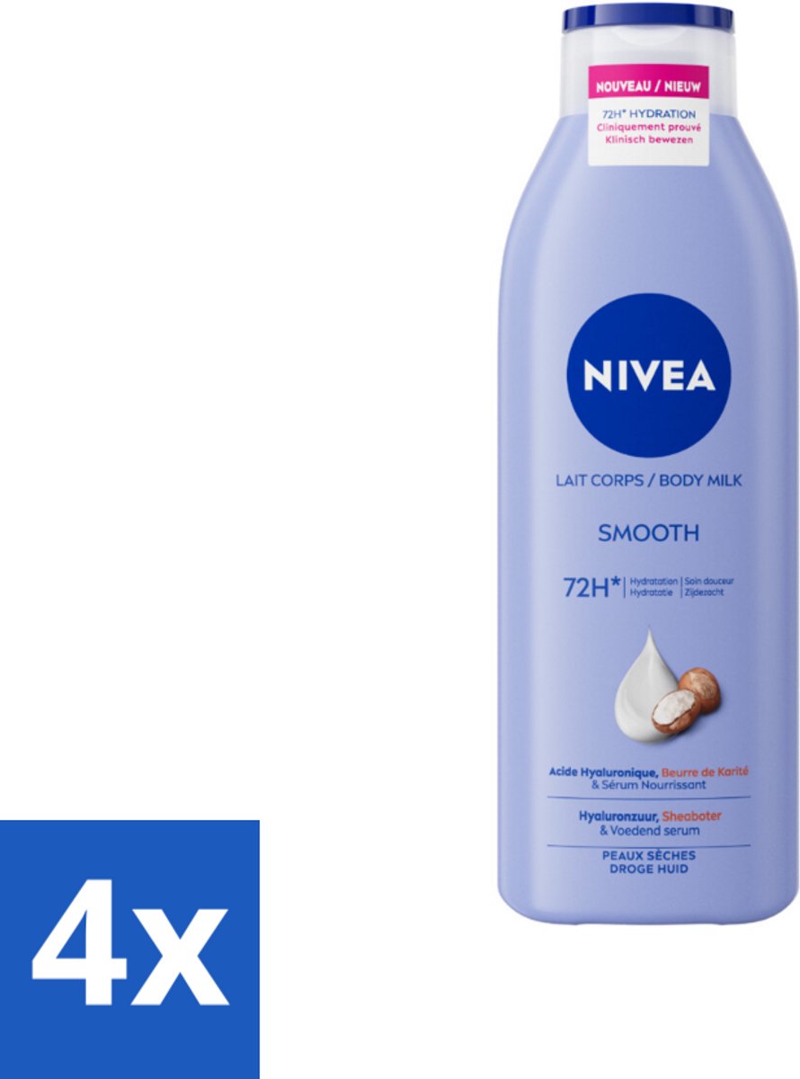 4 x Nivea - Smooth Body Milk - Sheaboter - 72 uur Hydratatie - Voor Droge Huid - 250 ml - Nivea Bodylotion - Bodymelk Droge Huid - Hydratatie - Sheaboter - Hyaluronzuur