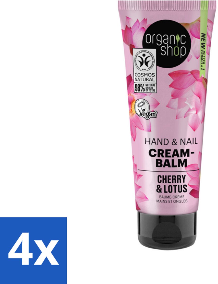 4 x Organic Shop - Hand & Nail Cream - Cherry & Lotus - Verzorgend en Hydraterend - 75 ml - Biologische Handcrème - Japanse Spa - Handverzorging - Nagels Verzorgen - Hydraterende Crème