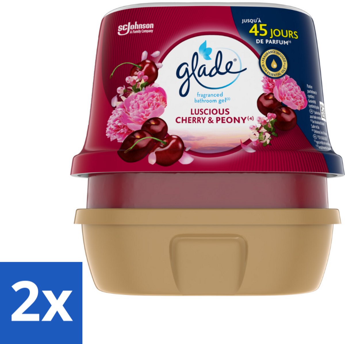2 x Glade - Badkamer Gel - Luscious Kers & Pioenroos - 180 g - Badkamergeur - Geurgel - Cherry Geur - Pioenrozen Geur - Langdurige Geur