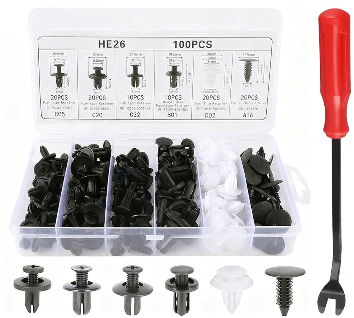 Montageclips set 100-delig - 6 universele kunststof rivetten - Inclusief verwijdertool - ShopVlot