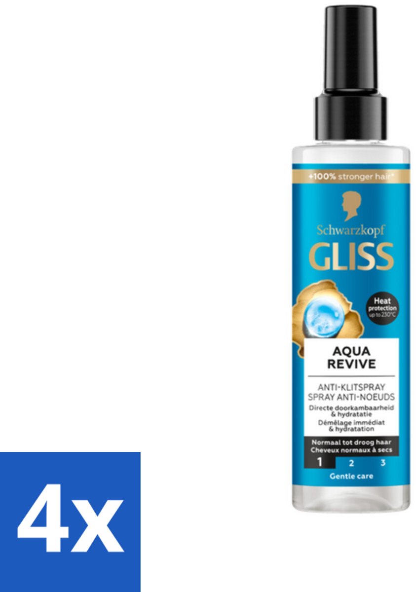 4 x Gliss - Anti-Klit Spray Aqua Revive - Voor Hydraterend en Makkelijk Doorkambaar Haar - 200 ml - Glans Spray - Anti-Klit Spray - Hydratatie Haar - Droog Haar - Haar Verzorging