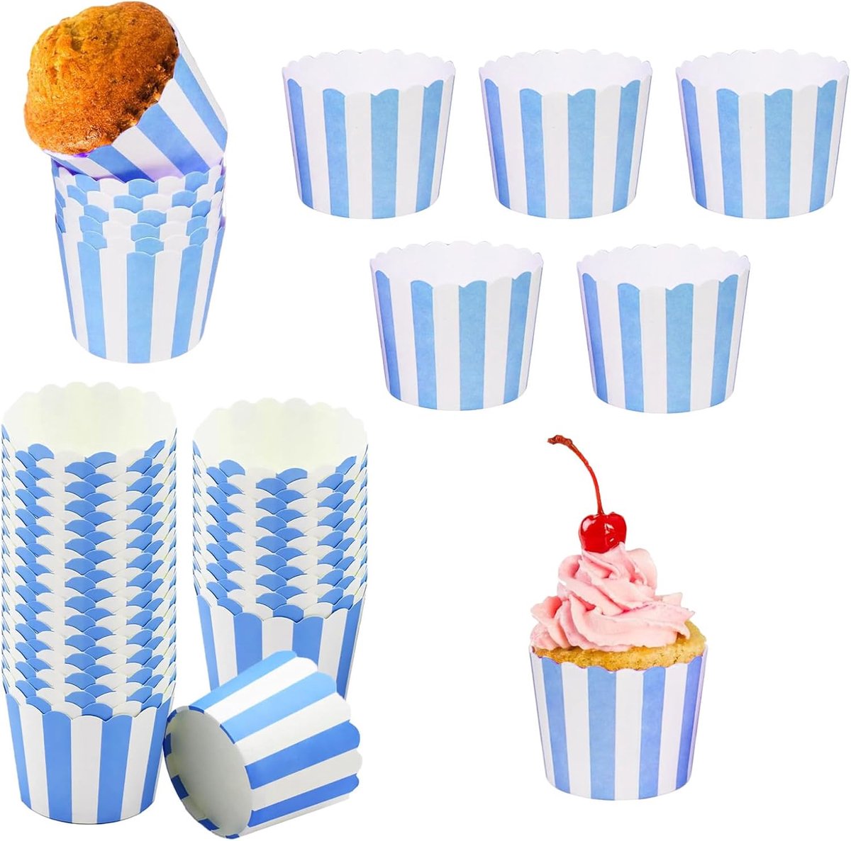 Muffin Mallen 50 Stuks - Gestreepte Bakvormpjes - Wegwerp Papier - Ideaal voor Feestjes - ShopVlot