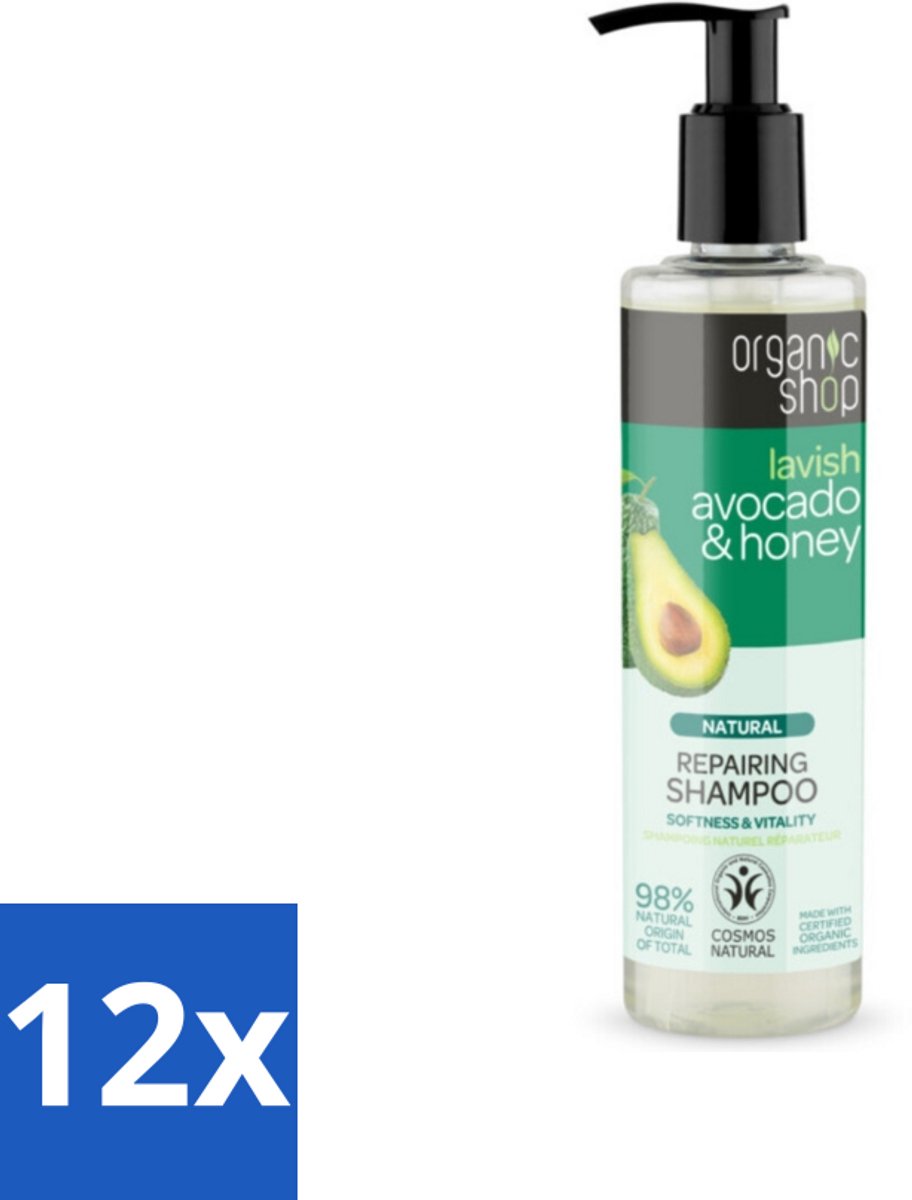 12 x Organic Shop - Natural Repairing Shampoo - Avocado & Honey - Hydraterend en Herstellend - 280 ml - Organische Shampoo - Avocado Shampoo - Honing Shampoo - Hydraterende Shampoo - Herstellende Shampoo