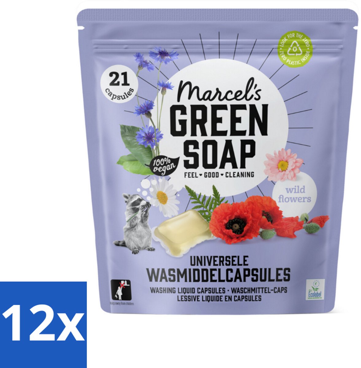 12 x Marcel's Green Soap - Wascapsules - Wilde Bloemen - Gemak in één dosis - 21 Capsules - Wascapsules - Biologische Was - Wasmiddel Capsules - Milieuvriendelijke Was - Wasmiddel