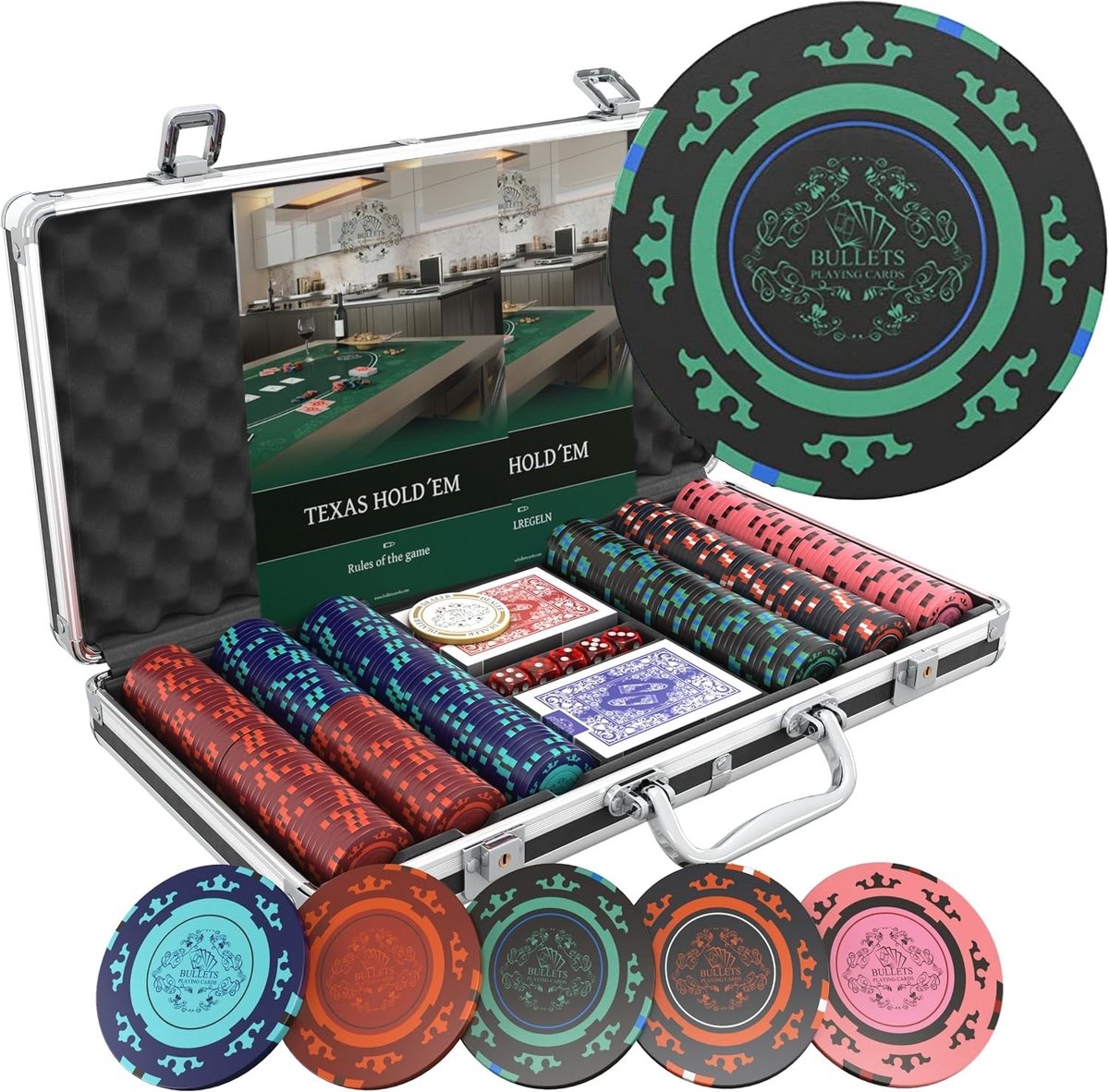 Pokerset - Blauw/Rood/Zwart/Groen - 300 Chips - Clay Pokerchips met Dealerbutton en Speelkaarten - Voor 6 Spelers