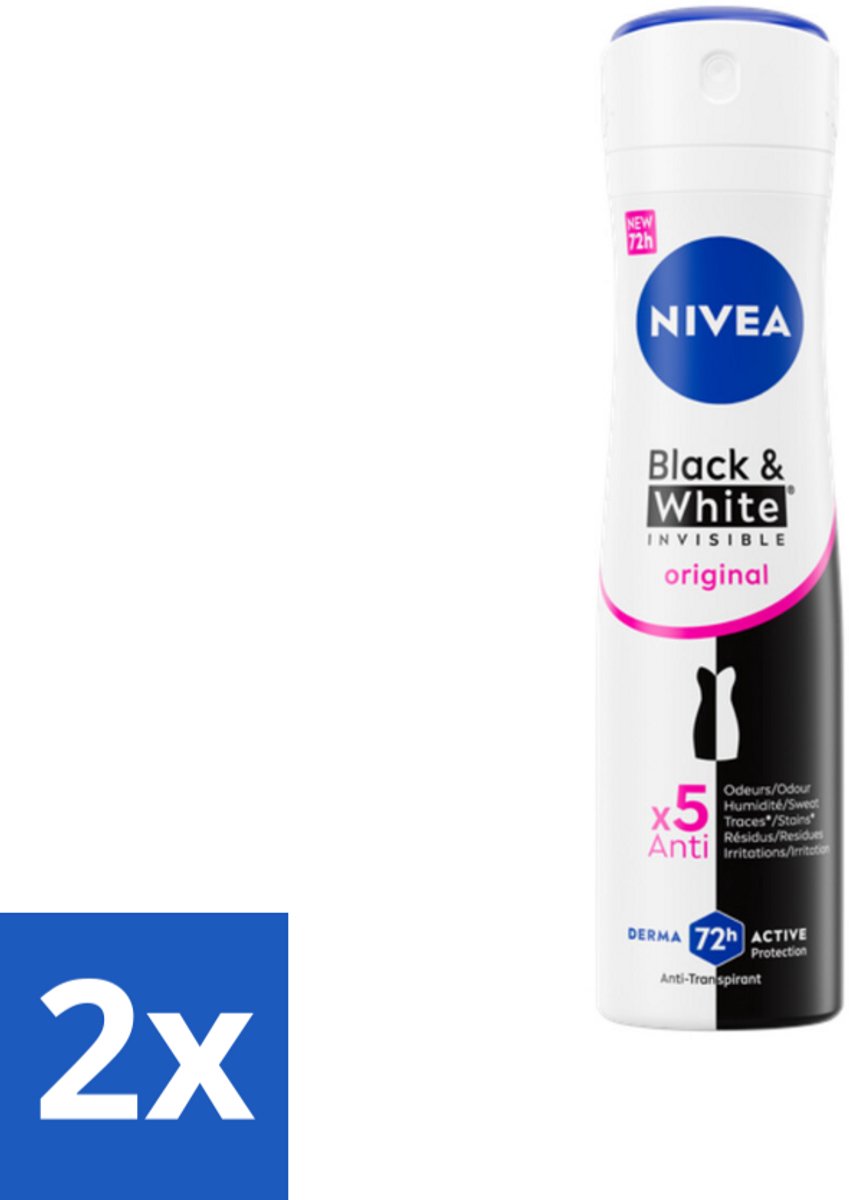 2 x NIVEA - Deodorant Spray - Onzichtbaar Voor Zwart & Wit Helder - 72 Uur Anti-Transpirant - 150 ml - NIVEA Deodorant - Anti-transpirant - Anti-vlekkentechnologie - Deodorant Spray - Deodorant Voor Zwarte En Witte Kleding
