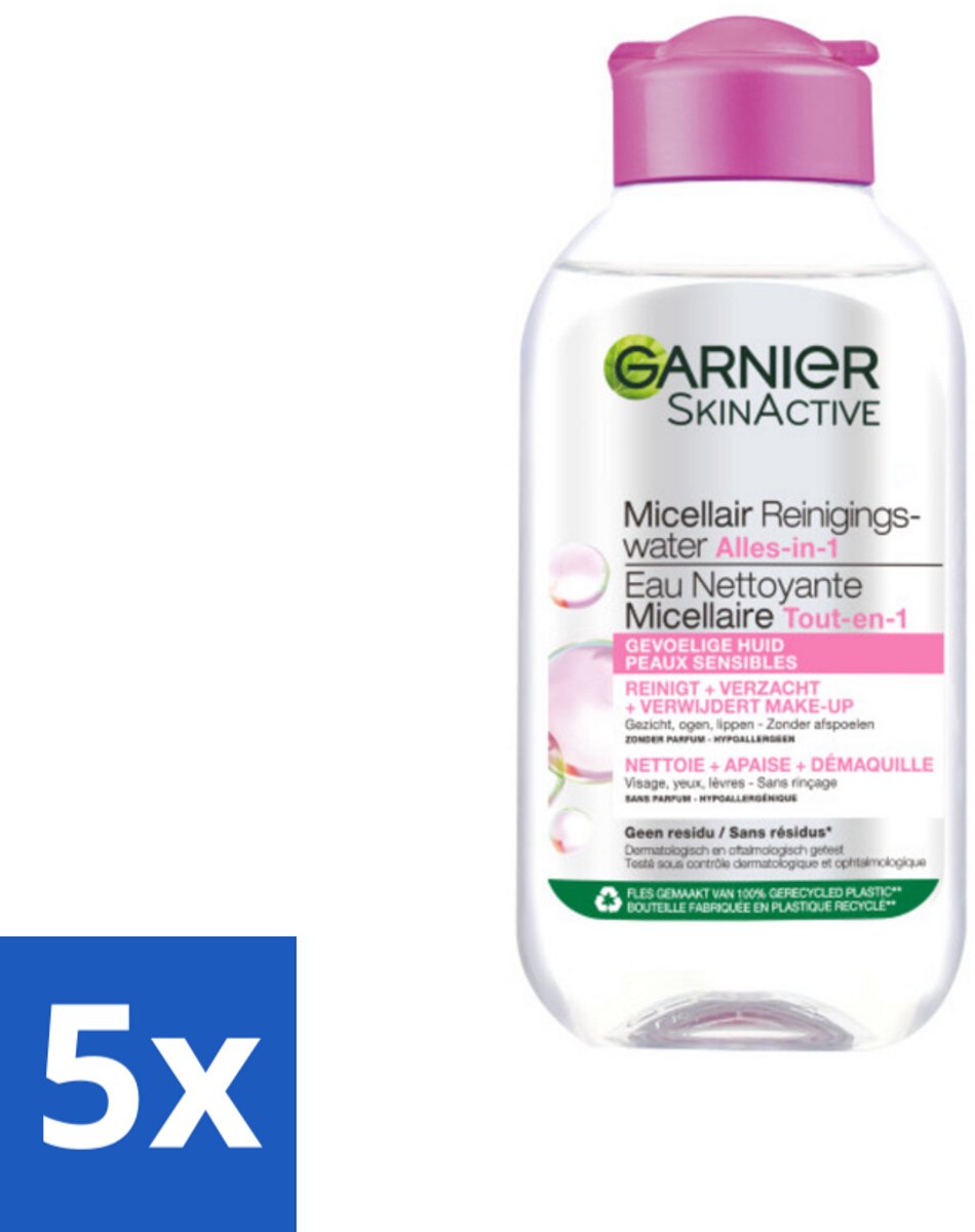 5 x Garnier - SkinActive - Micellair Reinigingswater - Gevoelige Huid - Reisformaat - 100 ml - Micellair Reinigingswater - Gevoelige Huid - Make-up Verwijderen - Gezicht Reinigen - Reisformaat