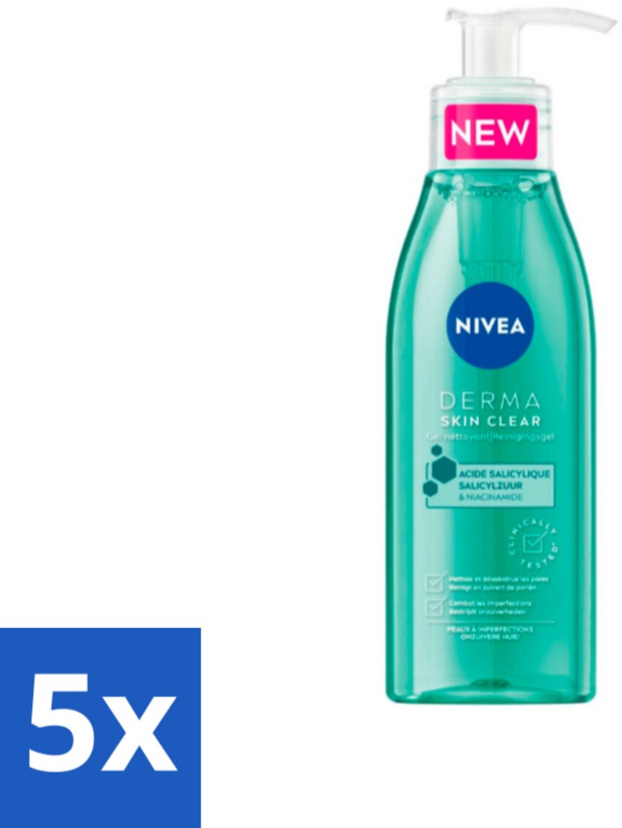 5 x NIVEA - Reinigingsgel - DERMA Huidzuiver - Voor onzuivere huid - Met Salicylzuur (AHA) & Niacinamide - Tegen Acne & Mee-eters - 150 ml - Acne - Puistjes - Onzuivere Huid - Reinigingsgel - Salicylzuur