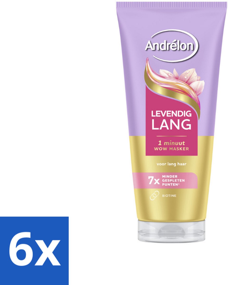 6 x Andrélon – Haarmasker WOW – Levendig Lang – 180 ml - Haarmasker - Lang Haar - Gespleten Punten - Haarversterking - Biotine