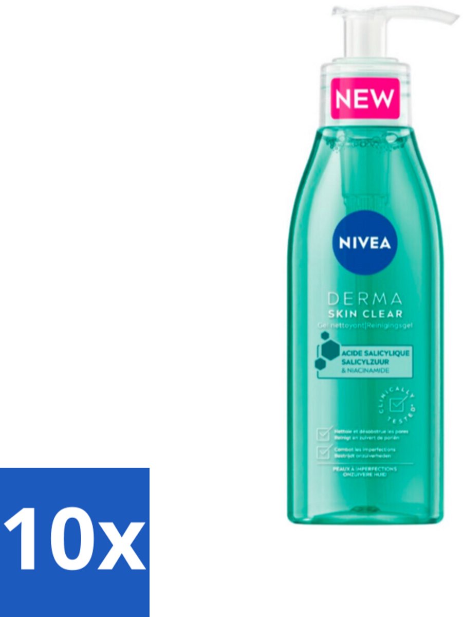 10 x NIVEA - Reinigingsgel - DERMA Huidzuiver - Voor onzuivere huid - Met Salicylzuur (AHA) & Niacinamide - Tegen Acne & Mee-eters - 150 ml - Acne - Puistjes - Onzuivere Huid - Reinigingsgel - Salicylzuur