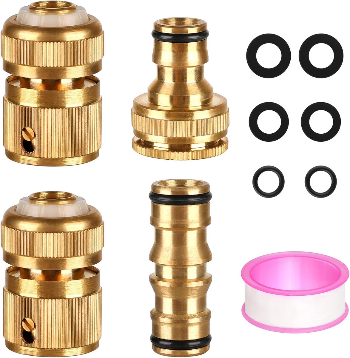 SnelShoppen - Set van 4 Messing Tuinslang Aansluitstukken, 1/2 Inch Kraanadapter Set met Slangaansluiting, 1/2 Inch Dubbele Stekker, 1/2 en 3/4 Inch K