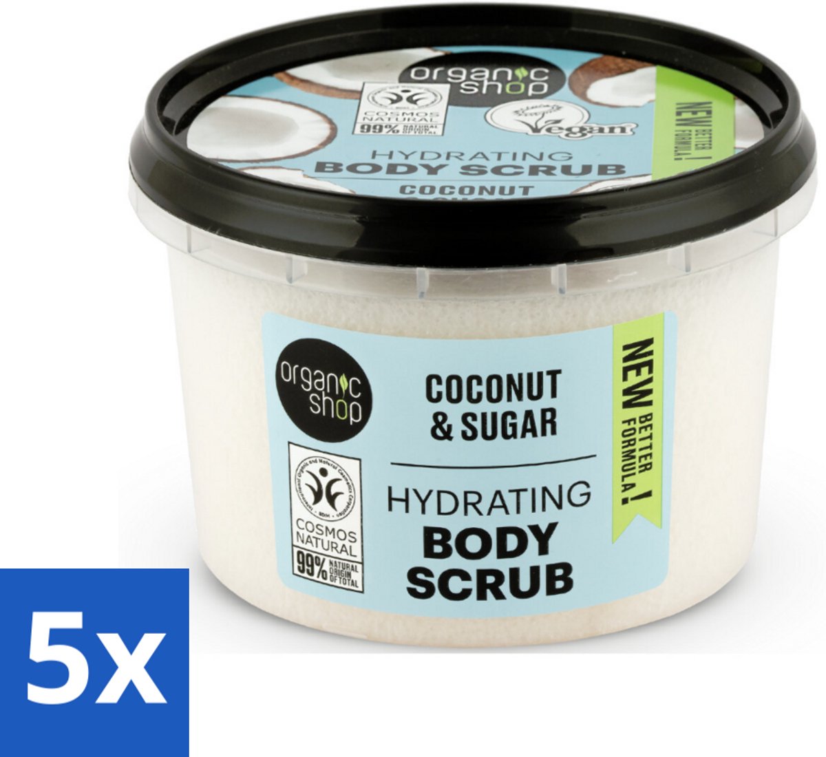 5 x Organic Shop - Hydrating Body Scrub Coconut - Diep Voedend - 250 ml - Suikerscrub - Huidverzorging - Kokosolie - Exfoliatie - Hydratatie