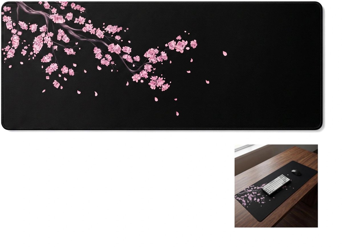 Muismat verlengd zwart met Japanse pruimenbloesems - antislip rubberen basis - gestikte randen - ideaal voor gaming - ShopVlot