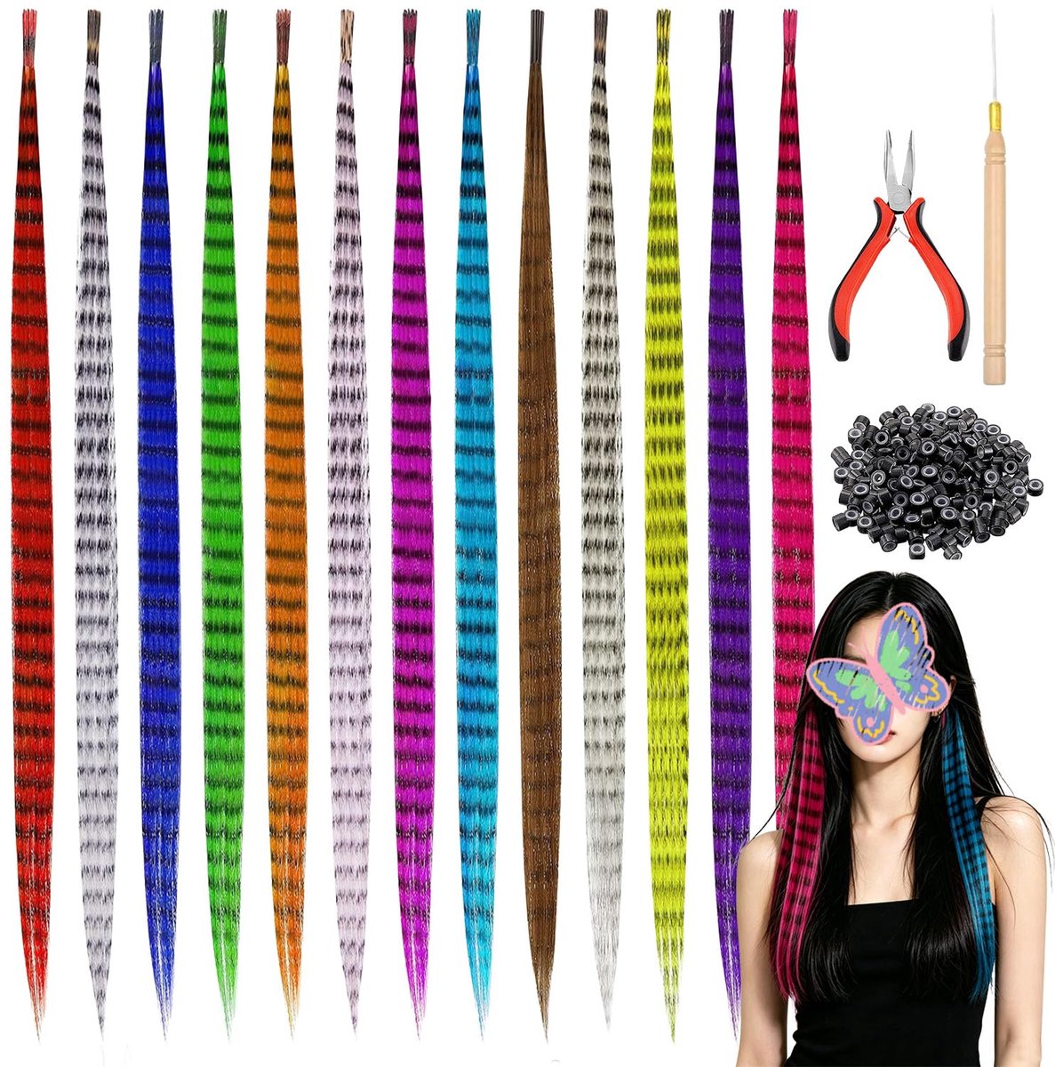 Feather hair extensions set - 65 synthetische haarstrengen - 13 kleuren - perfect voor carnaval of festival - ShopVlot
