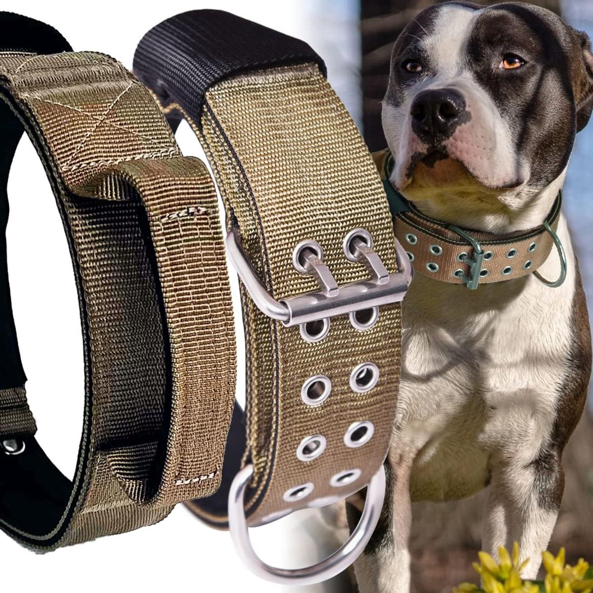 Hondenhalsband voor grote honden - 5 cm brede khaki neopreen nylon halsband - met handvat voor extra controle