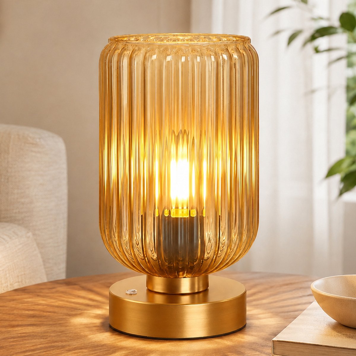 Rosnek Draadloze Tafellamp Mid-Century - Touch Dimbaar - Oplaadbare Bedlamp met Amber Glas - Vintage Nachtlamp 7500mAh - Sfeerlamp - Slaapkamer Woonkamer - Set van 1