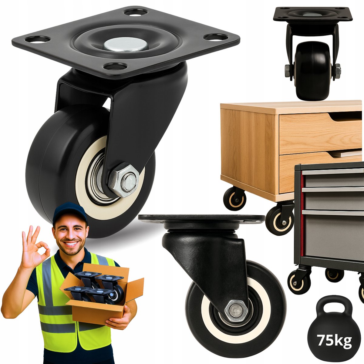 Industriële Zwenkwielen 50mm - 75kg per stuk - Stil Polyurethaan