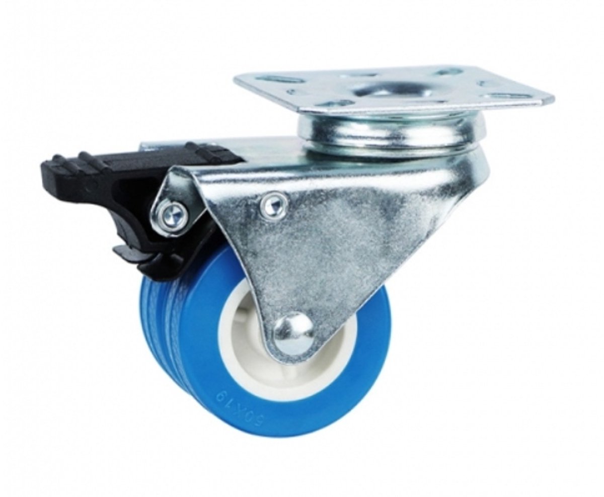 Dubbel Zwenkwiel met Rem 50mm PVC Blauw - 70kg Draagvermogen