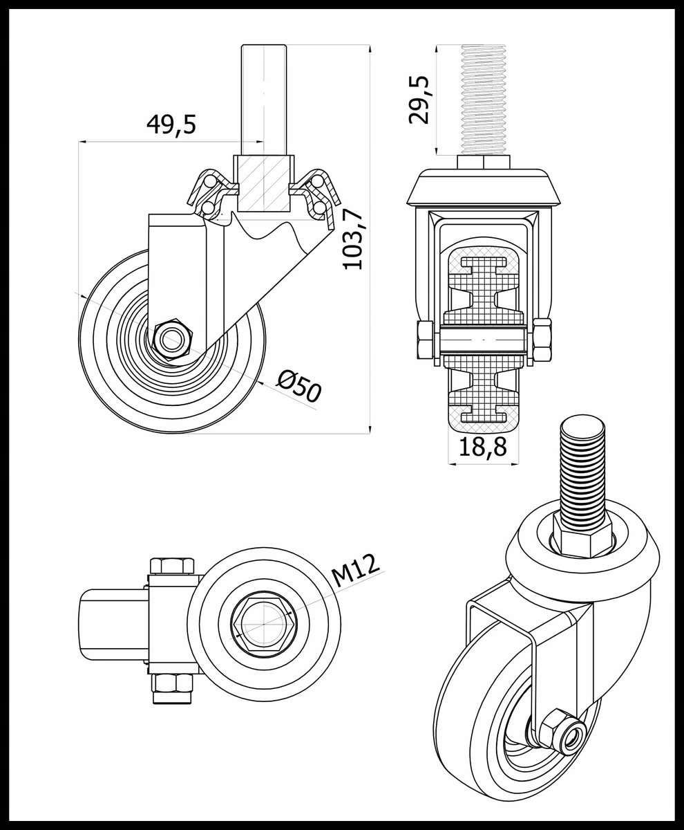 Zwenkwiel met M12x30 Schroefdraad - 50mm diameter, 40kg sleepvermogen