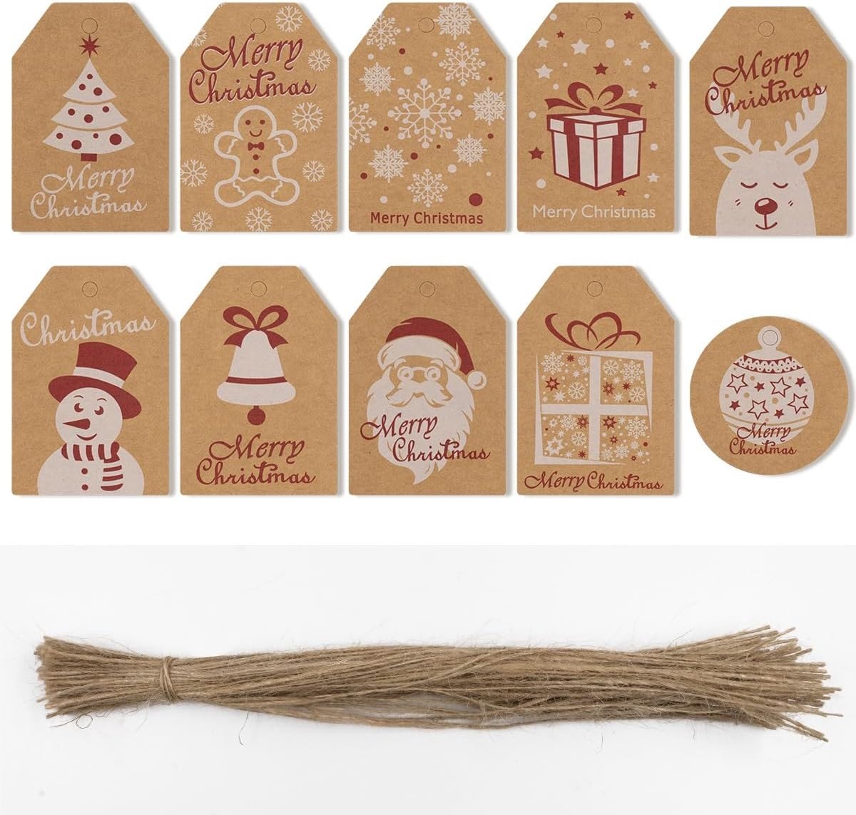 Kerstcadeau Tags - Kraft - 7,5 x 5 cm - Papier met Jute String - Voor Kerstmis en Verjaardagscadeaus