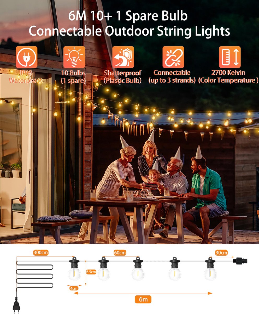 Bzavor 6M Lichtslingers Voor Buiten, 10+1 Onbreekbare Lampen IP65 Waterdicht Lichtsnoeren Voor Buiten, Warmwitte - ShopVlot