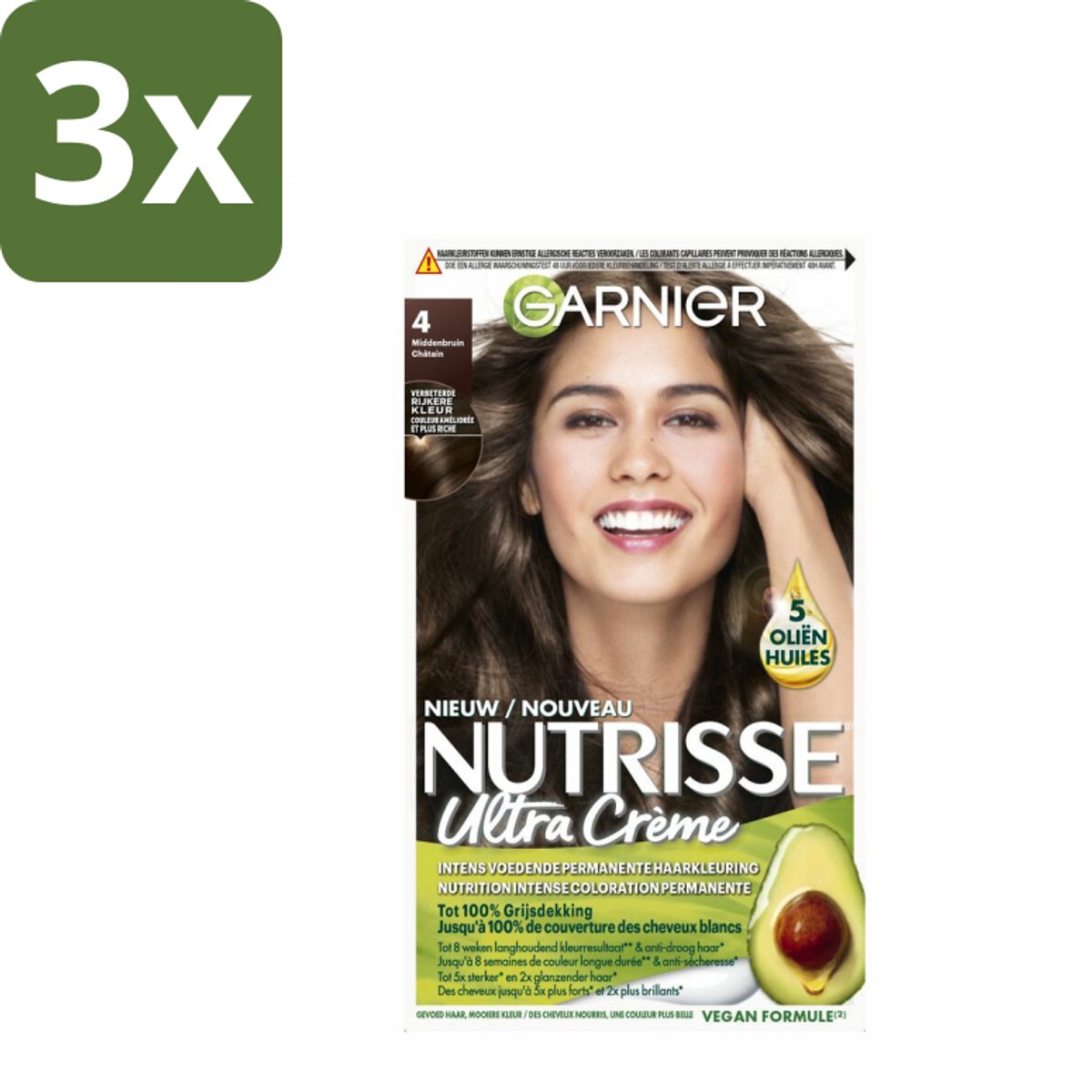 Garnier - Nutrisse Ultra Crème 4 - Haarkleuring - Middenbruin - Intens Voedend - Permanente Kleur - Bulkverpakking - 3 stuks