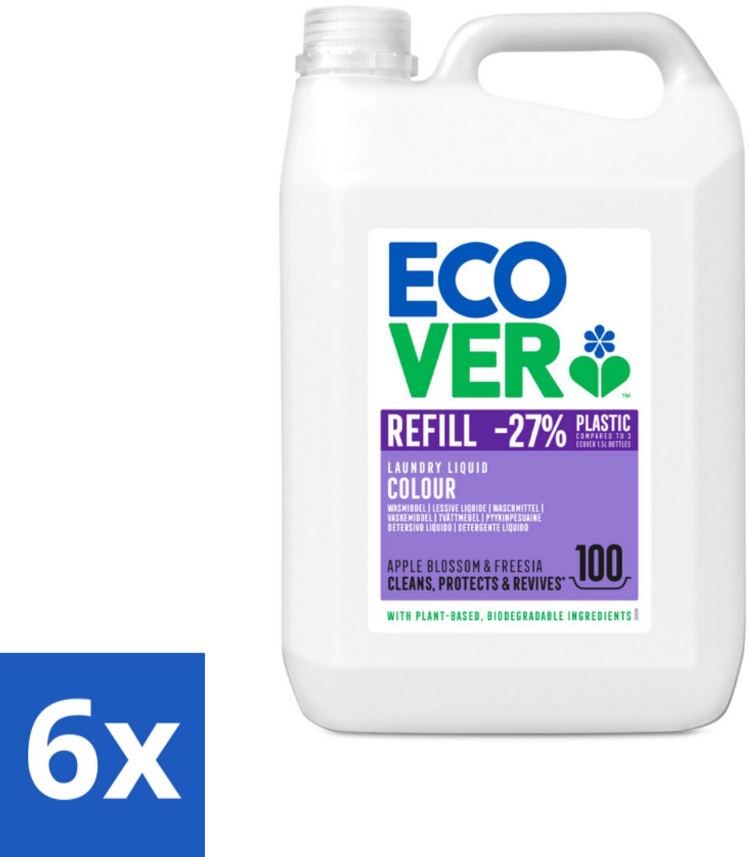 Ecover - Vloeibaar wasmiddel - Color - Appelbloesem & Freesia - 5 liter - 100 wasbeurten - Voordeelverpakking - 6 stuks