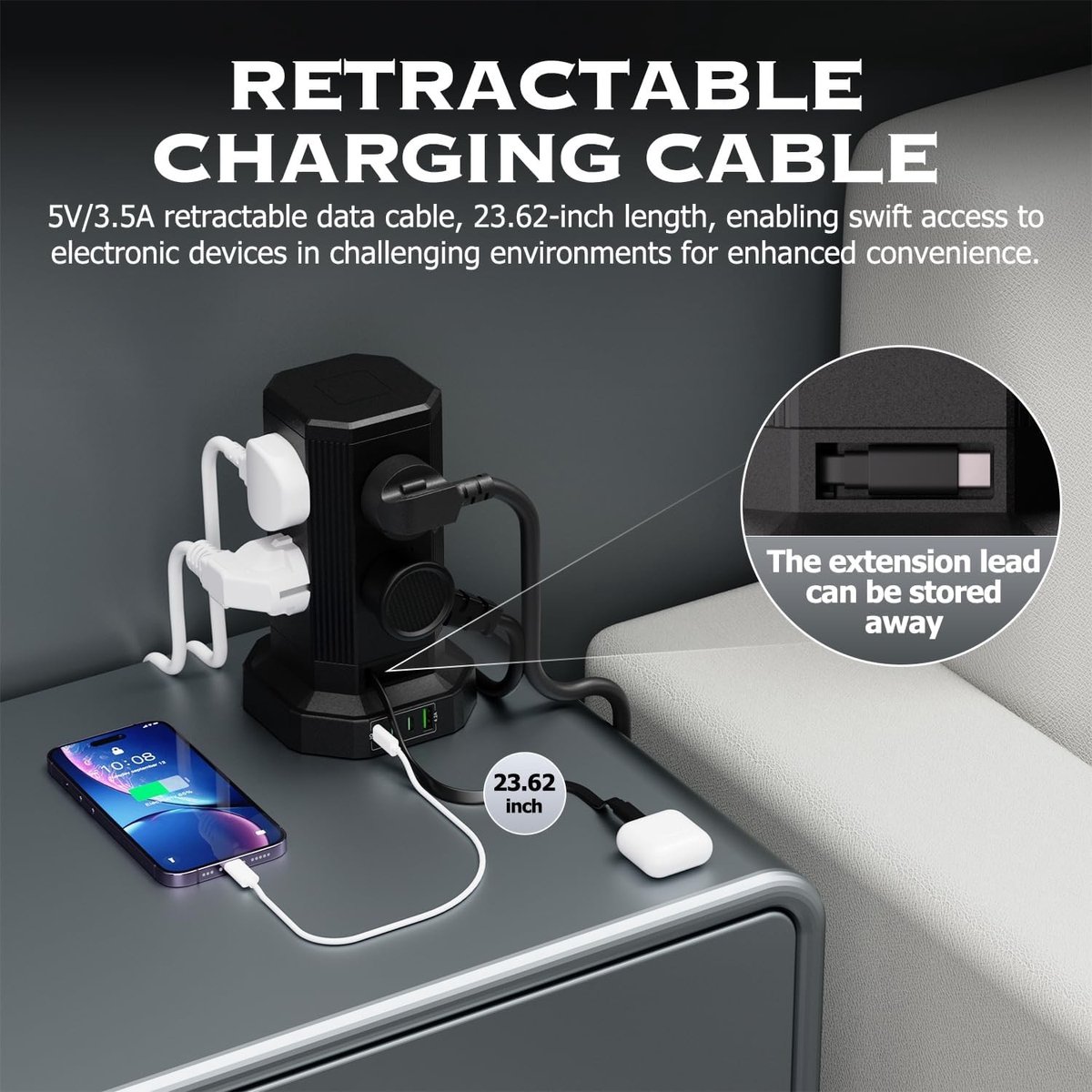 Meervoudig Stopcontact met USB - Zwart - 8 Universele Stopcontacten met Intrekbare Kabel - Voor Thuis en Kantoor