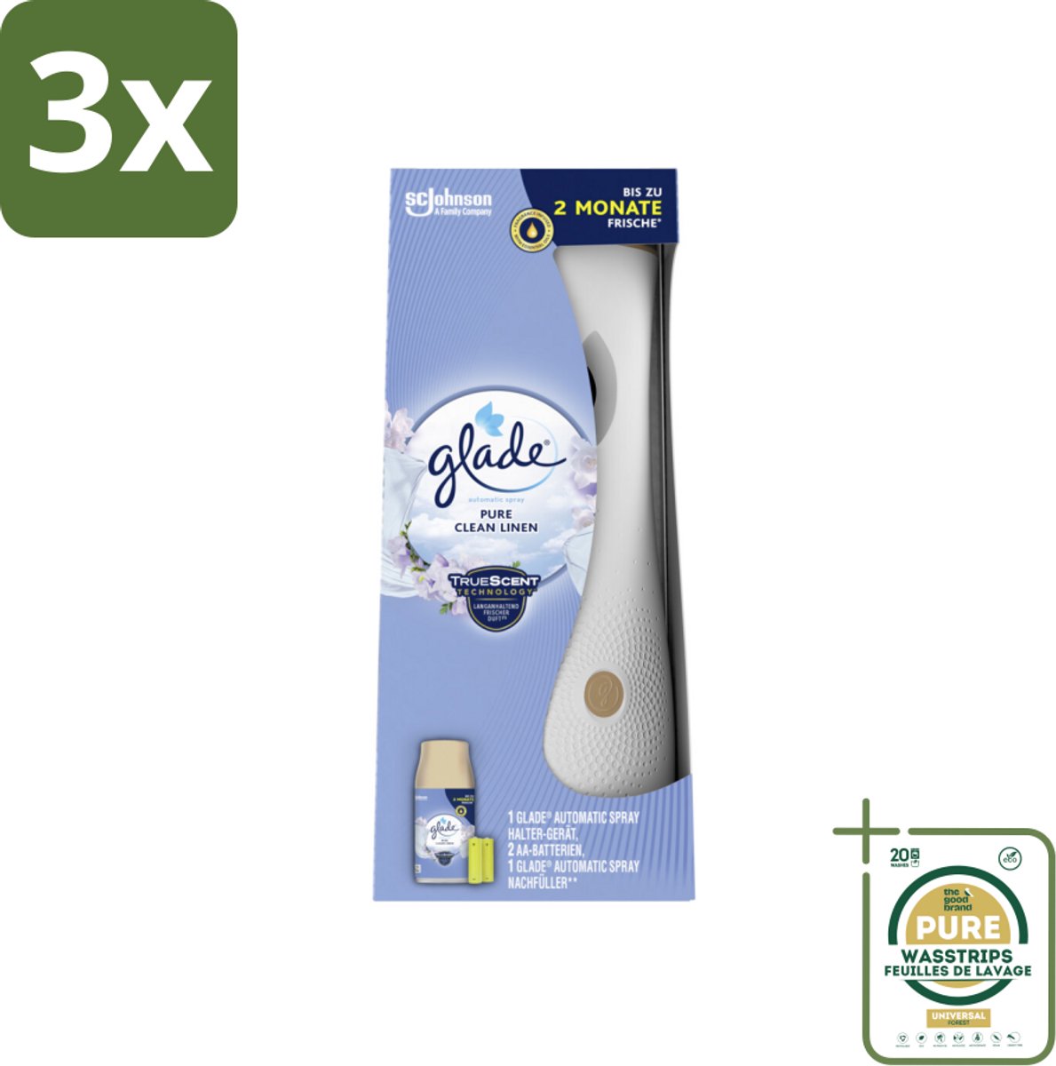 3 x Glade - Startset Automatische Spray - Pure Clean Linen - 269 ml - Grootverpakking - Automatische Luchtverfrisser - Geurverspreiding - Pure Clean Linen - Frisse Geur - Linnengoed Geur