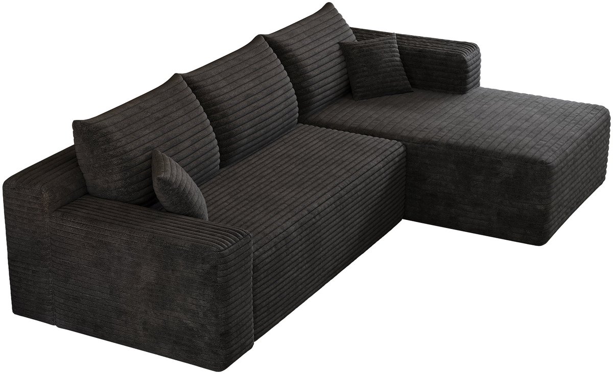 Merax Modulaire Hoekbank Driezits - 241 x 151 cm - Zwarte Ribstof - Diepe Zit - Liggedeelte Rechts - Zonder Montage