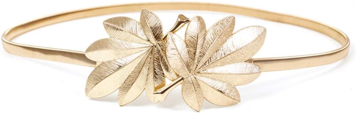 Women Waist Belt Maple Leaf Shape Metal Buckle Glitter Solid Color Elastic Waistband Dress Waist Belt with Gold Silver - ShopVlot