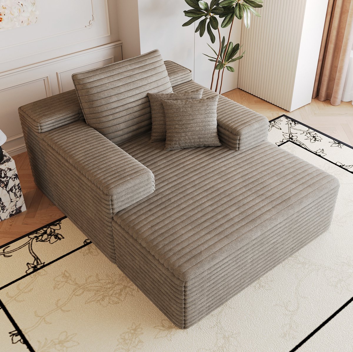Chaise Longue Met Losse Vulling - Zonder Montage - Voor Woonkamer, Slaapkamer En Appartement - Ribstof - Camel
