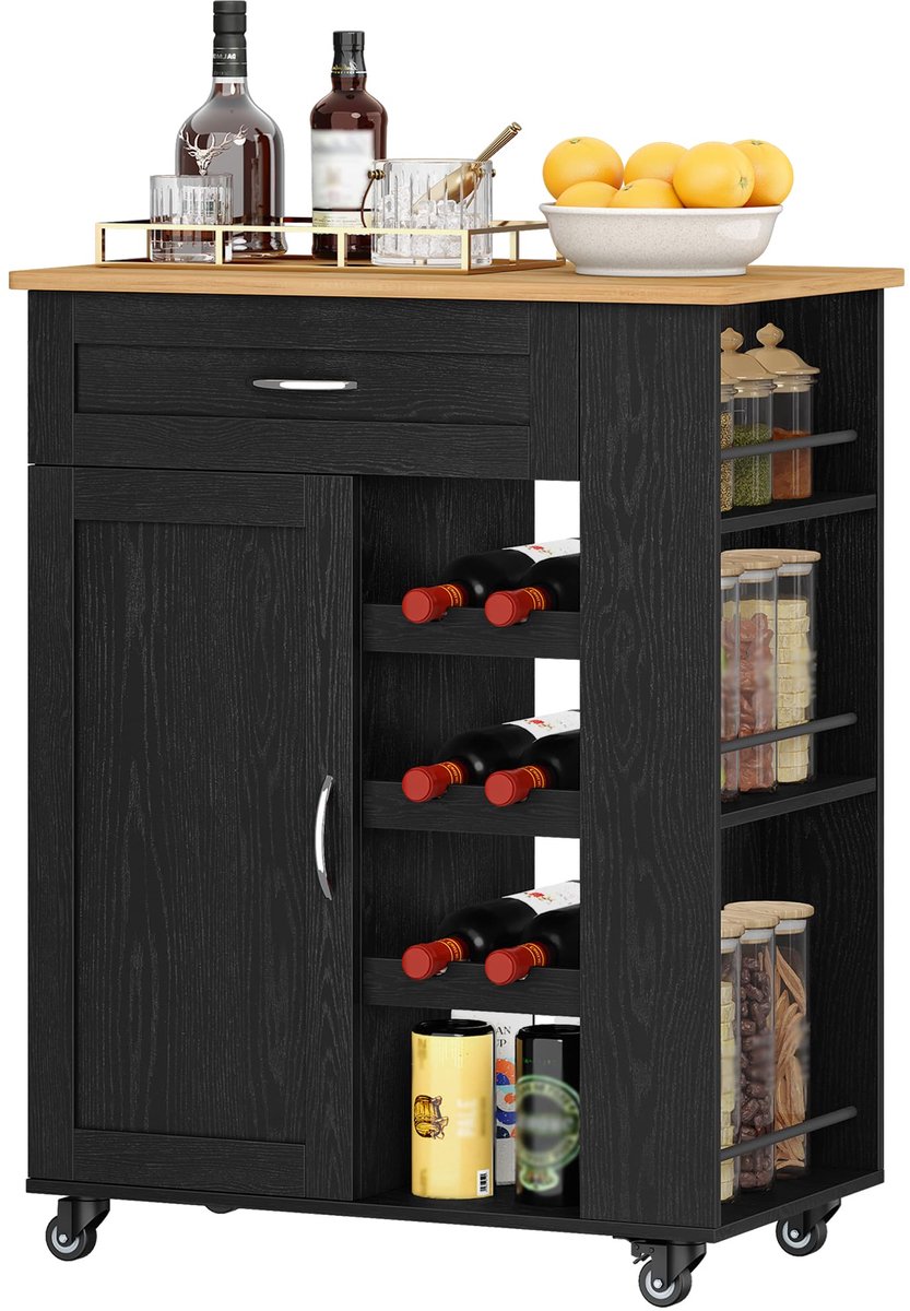 Famanu – Verrijdbare trolley met 3-laags wijnrek, multifunctionele opbergtrolley voor keuken en woonkamer, 68 x 86 x 40 cm, zwart