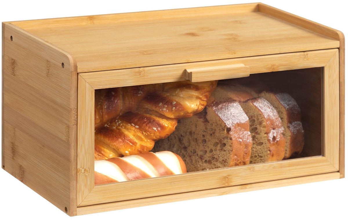 Famanu – Broodbak voor de keuken, natuurlijke rechthoekige bamboe broodbak, broodopslagcontainer met acryl helder deksel, ideale broodbak voor vers brood