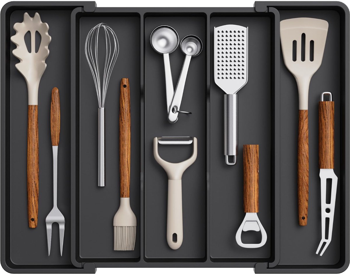 Famanu – Bestekbak, lade-organizer van kunststof, 35 cm diep, uitbreidbaar tot 45 cm, zwart voor messen, vorken en lepels
