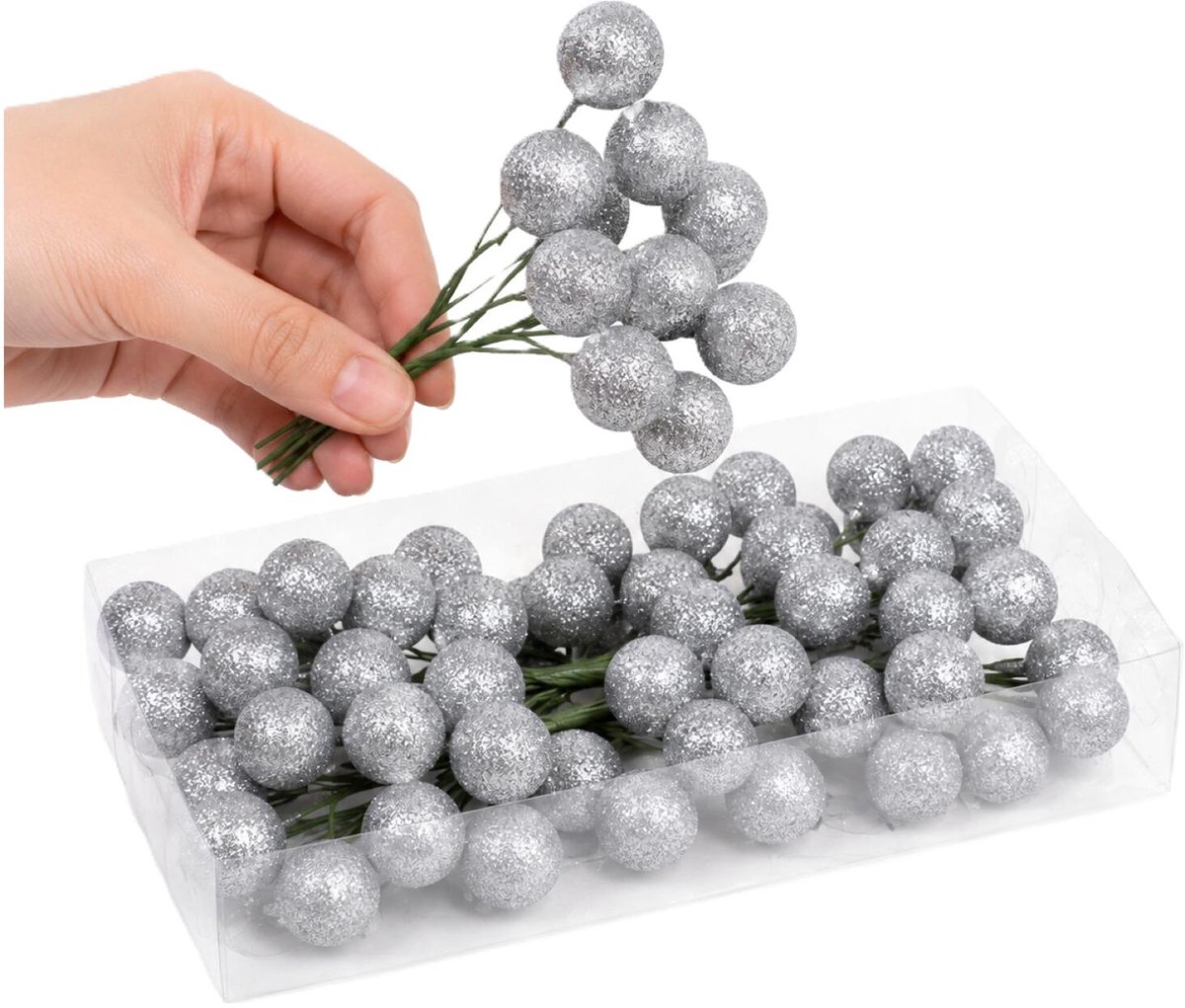 Kerstballen stekers - 160x - zilver - glitter - kunststof - 3 cm - Kerststukje maken onderdelen
