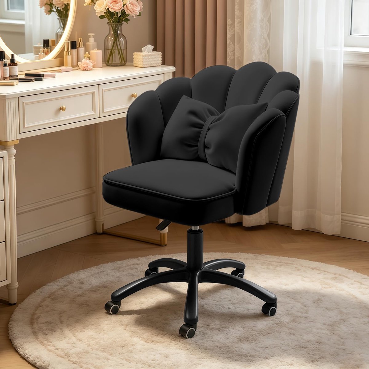 Famanu – Schattige bureaustoel van fluweel met strikkussen, vlinder vanity stoel voor slaapkamer, computer werkstoel met rugleuning, zwart