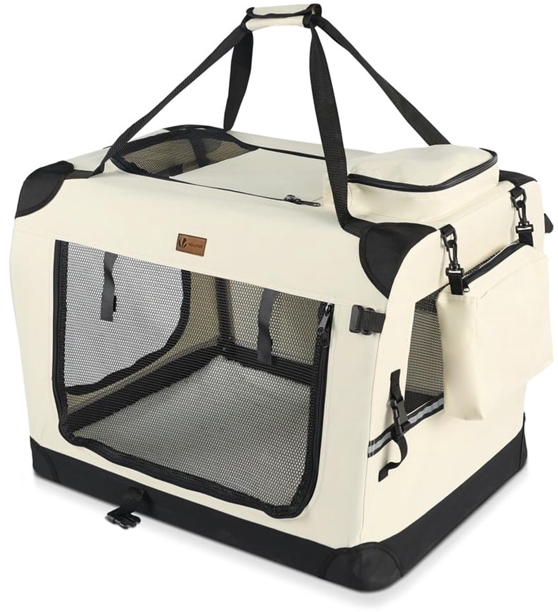 Famanu – Opvouwbare draagtas voor honden en katten, ademende transportbox met afneembare pluche matras, handdraagbaar en schouderriem, ideaal voor huisdieren, M, beige