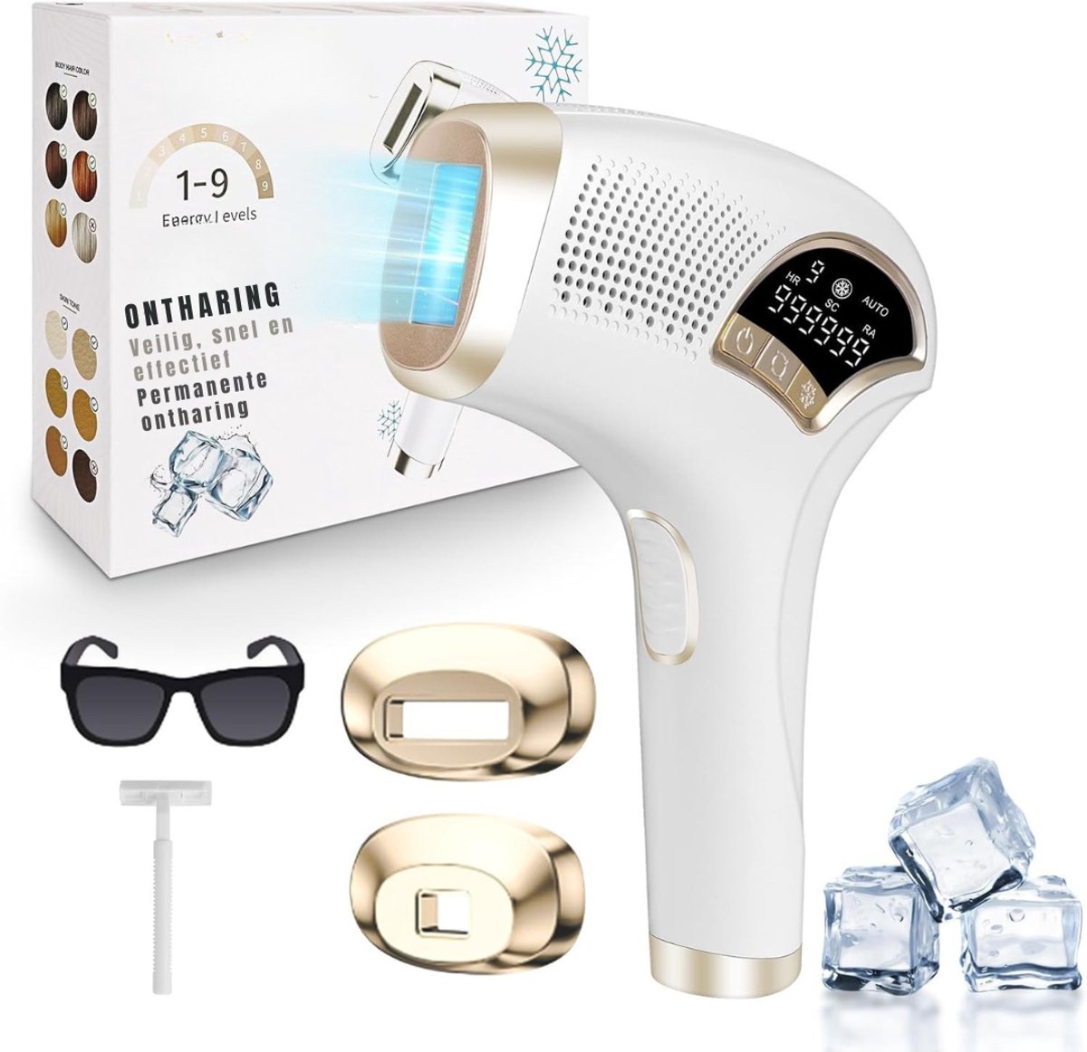 QUOVO® Laser Ontharingsapparaat – Haarverwijderaar IPL Technologie – Ontharingsapparaat Met 9 Energieniveaus - Epileerapparaat Voor Vrouwen – Inclusief Scheermesje en Beschermbril- 23cm x 20cmx 6 cm