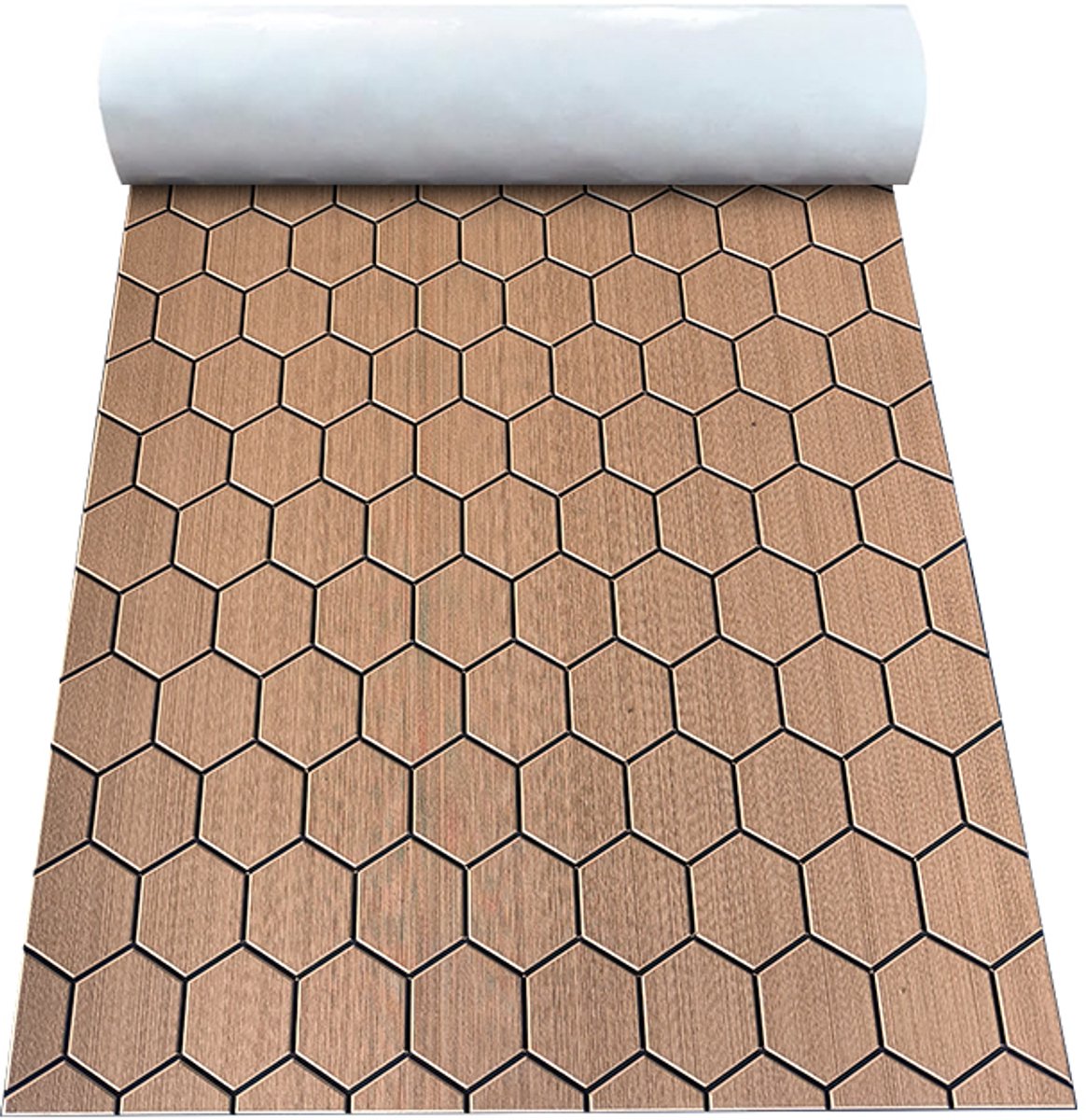 Zelfklevende EVA bootmat 240 x 90 cm - 6 mm antislip dekmat - Bruin/zwart zeshoekpatroon