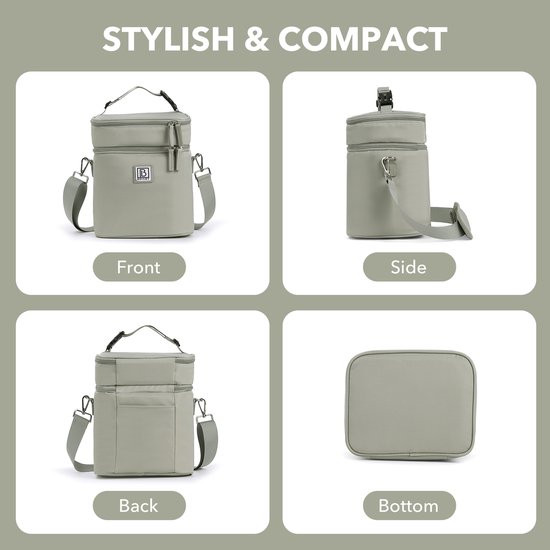 Brisby Koeltas 12 Liter - Lunchtas voor Werk & Onderweg - 2 Geïsoleerde Vakken - Inclusief 2 Koelelementen - Tot 10 Uur Koel - Sage Green van Brisby — afbeelding 4