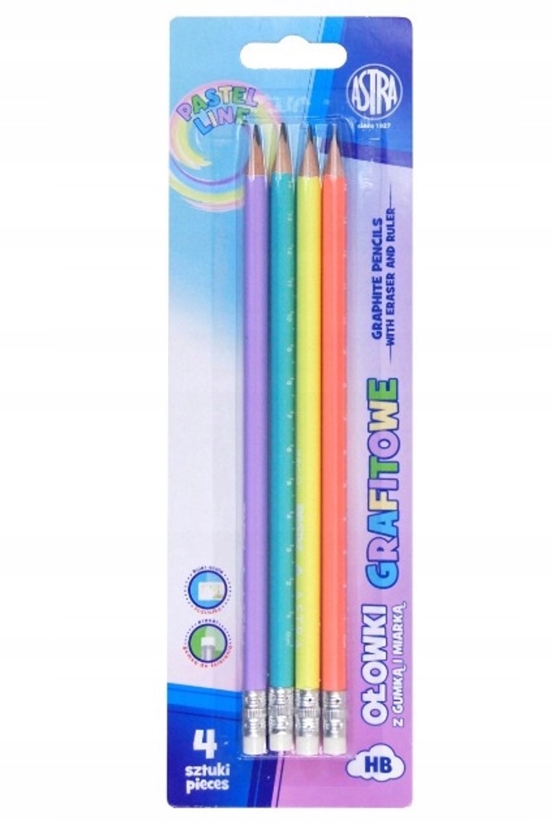 Astra Potlood HB Pastel met Gum en Liniaal - 4 Stuks