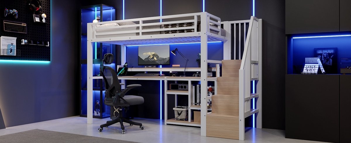 MIVRAY Hoogslaper 90x200 Cm - Metalen Bedframe Met MDF - Met Opbergruimte, Trapkast, LED Verlichting, USB En Type C - Wit - Zonder Matras