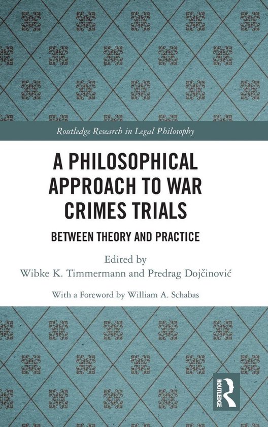 Couverture de livre à motif losange bleu avec le titre 'A Philosophical Approach to War Crimes Trials' en noir.