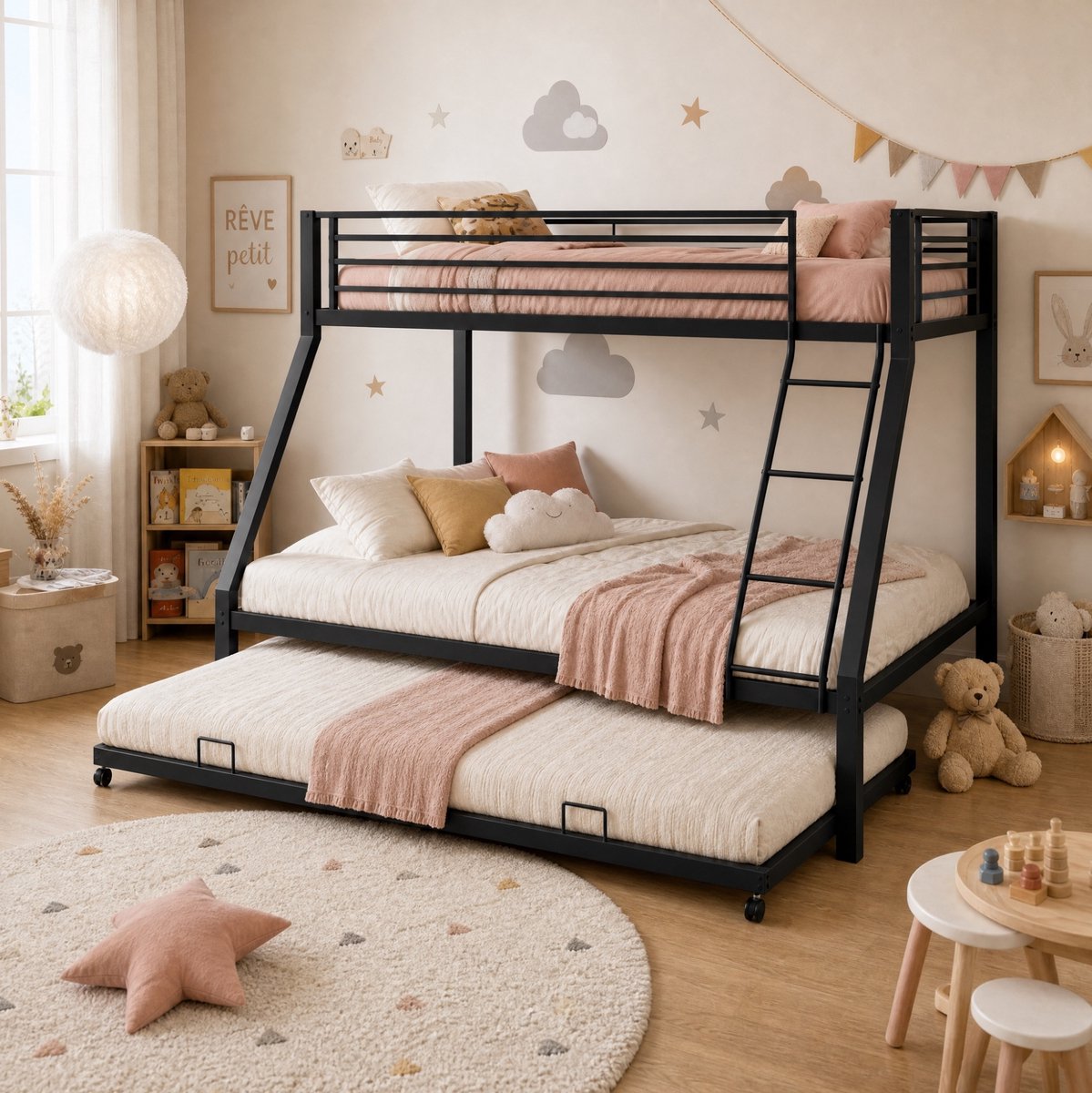 FloraGrace Stapelbed 90x200 Cm - Met Uitziehbed En Ladder - Met Opbergruimte - Voor Kinderen En Volwassenen - Metaal - Zwart - Zonder Matras