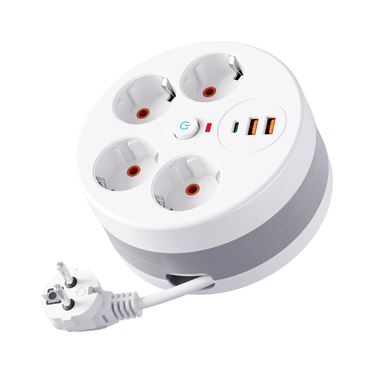 YONO Stekkerdoos met USB-C en USB-A - 4 Stopcontacten - Schakelaar - Oprolbaar Verlengsnoer - Compact - Wit