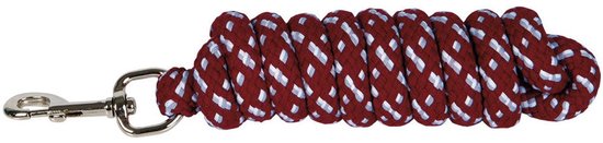 Rood touw met witte spiraal en zilverkleurige karabijnhaak.